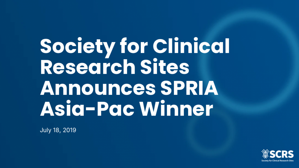 Society for Clinical Research Sites Announces SPRIA Asia-Pac Winner